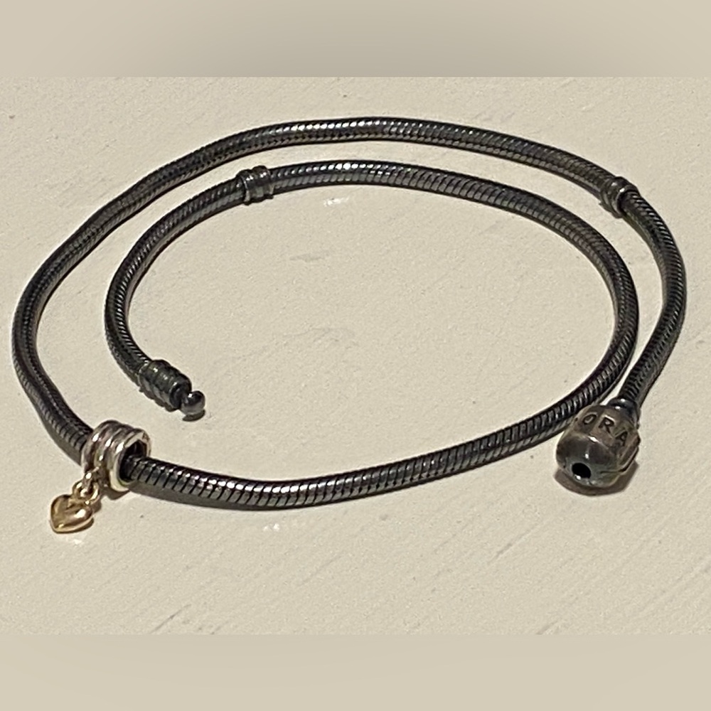 PANDORA 16” Snake Oxidized Necklace + 925 ALE 14k Gold Heart + 3 Charms